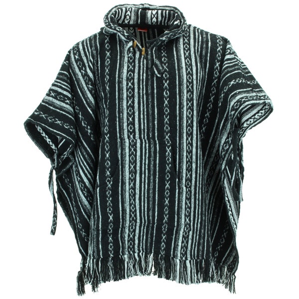 Black Diamond Poncho 100% Woven Cotton Gheri Mexican Style Hooded