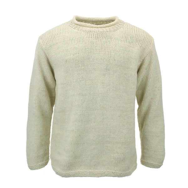 Handmade Plain Cream Wool Jumper Knitted Loose Chunky Warm 100% Wool Knit Pullover Rolled Crew Neck Sweater