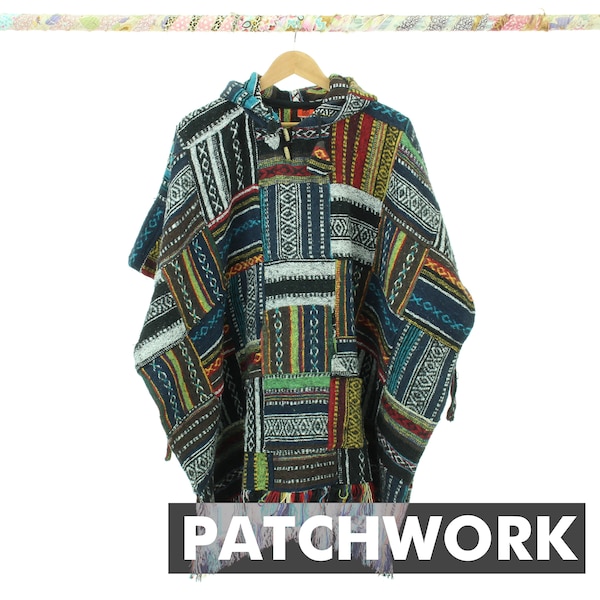 100% Woven Cotton Gheri Mexican Style Hooded Poncho