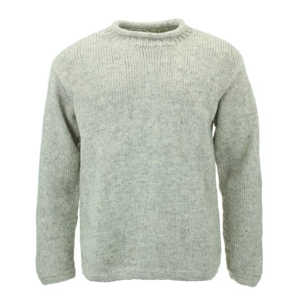 Handmade Plain Light Grey Wool Jumper Knitted Loose Chunky Warm 100% Wool Knit Pullover Rolled Crew Neck Sweater