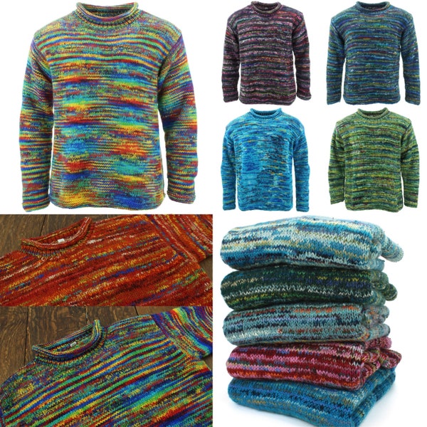 Handgemachter Space Dye Grobstrick Wollpullover Gestrickt Lose 100% Wolle Strick gerollt Rundhalsausschnitt Warmer Pullover Männer Frauen Rot Blau Grün