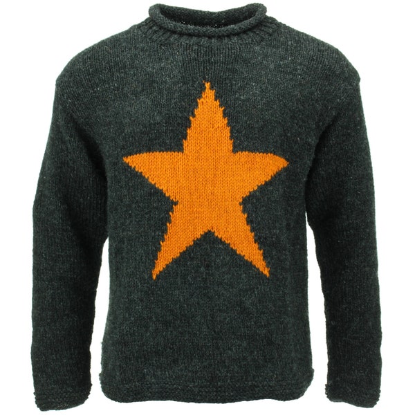 Handmade Wool Jumper Knitted Star Loose Chunky 100% Wool Knit Rolled Crew Neck Sweater Roll Charcoal Gold