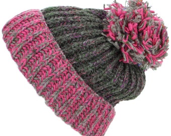 Hand Knitted Wool Ribbed Oatmeal Pink Grey Beanie Bobble Hat Red Green Blue Fleck Lined Warm Woolly Winter Men Ladies Fleece Lining
