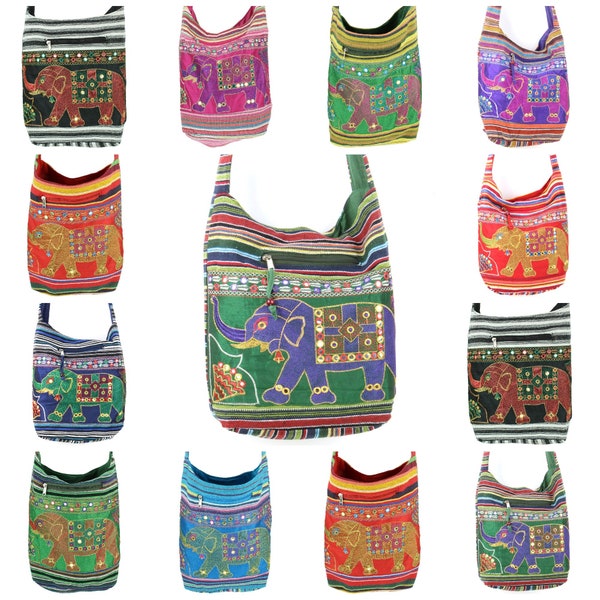 Bright Embroidered Indian Elephant Canvas Sling Crossbody Shoulder Bag Mirrored Soft Cotton Zipper Lined Boho Hippie Slouchy Hobo Men Women