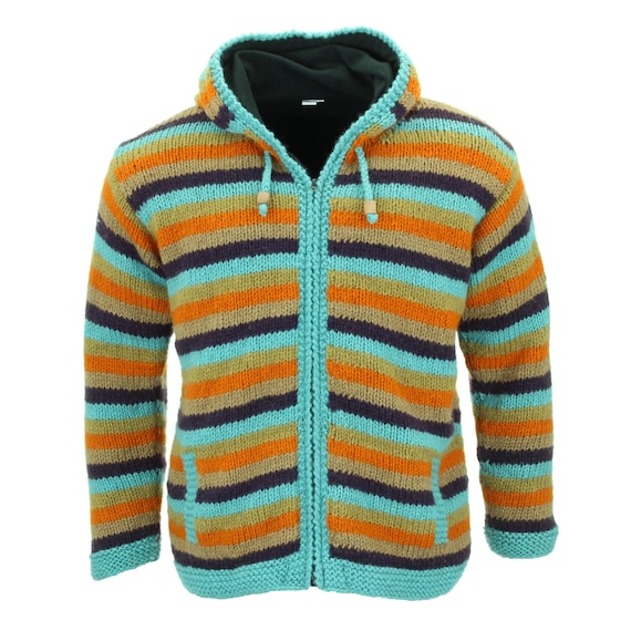 Hand Knitted Wool Cardigan Fleece Lined Zip Jacket Bright Retro