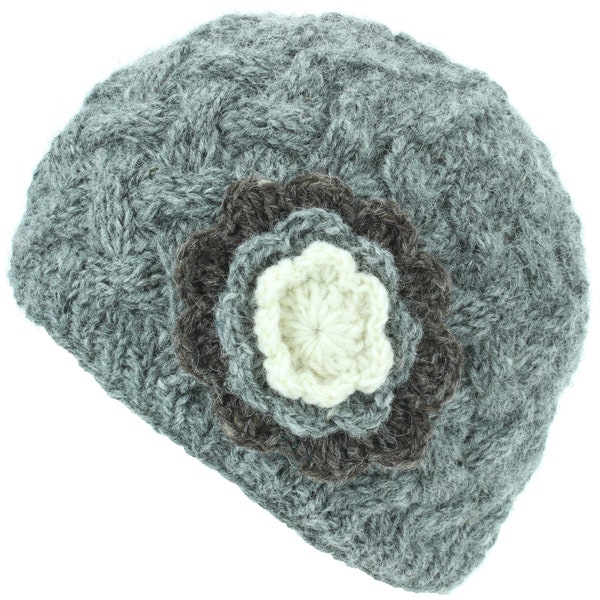 Bonnet tricoté à la main en laine grise pour femme avec doublure en polaire à fleurs contrastées