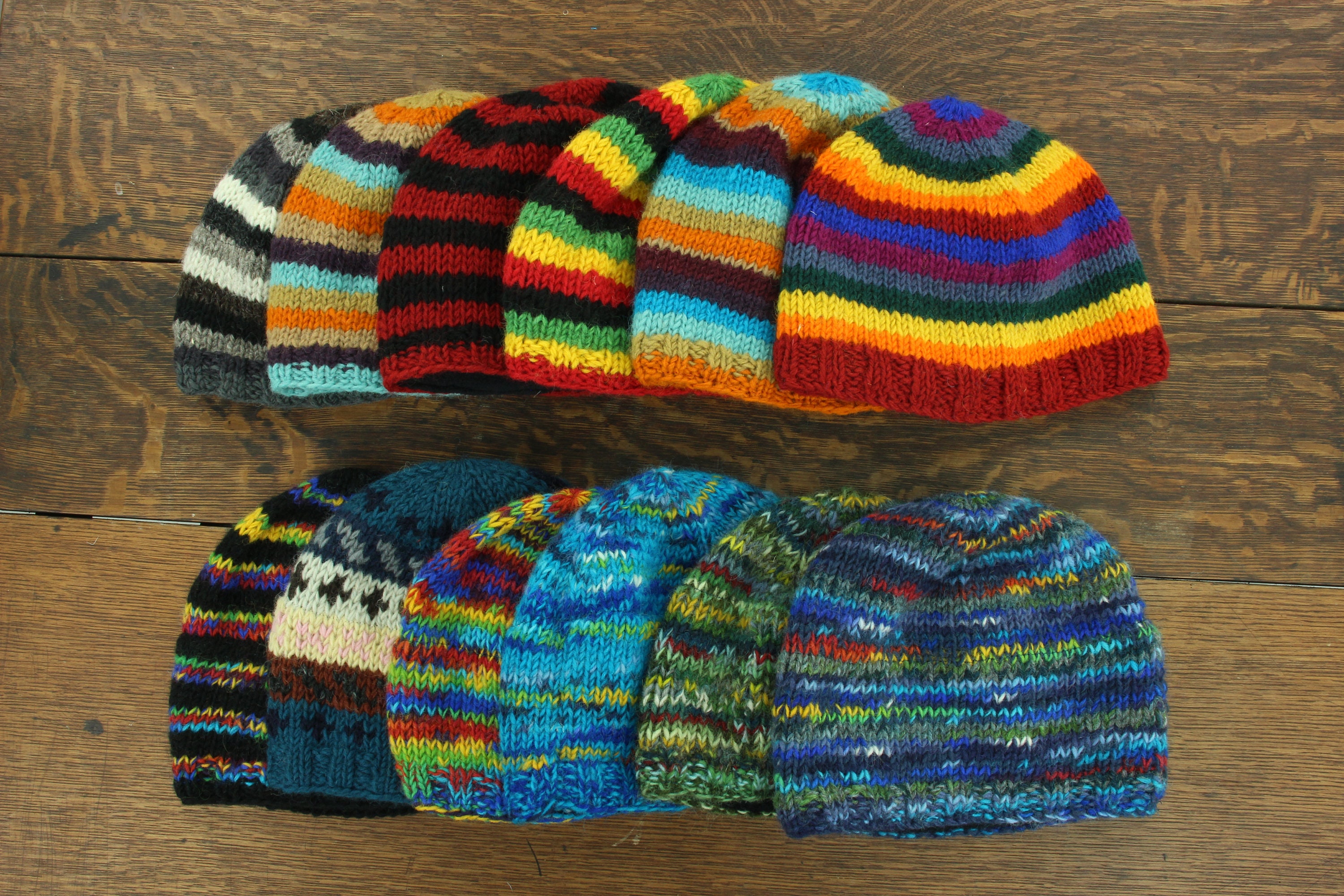 Hand Knitted Beanie Snug Hat Fleece Lined Wool Bright Rainbow