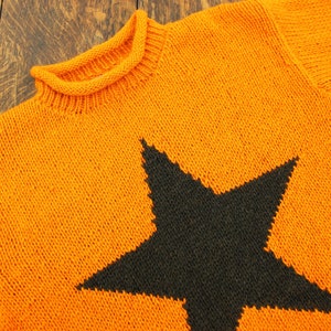 Handmade Wool Jumper Knitted Star Loose Chunky 100% Wool Knit Rolled Crew Neck Sweater Roll Gold Brown