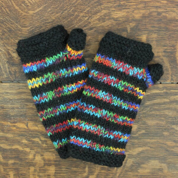 Hand Knitted Warm Wool Fleece Lined Handwarmers Bright Striped Black Rainbow Wrist Arm Warmers Fingerless Gloves Chunky Knit Mittens Unisex