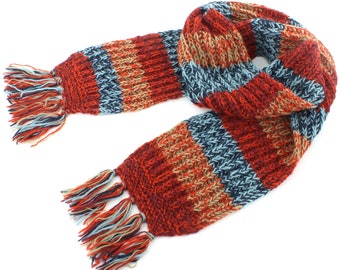 Hand Knitted Striped Wool Scarf Bright Red Blue Stripe Pattern Woolly Warm Winter Tassel Cosy Long Thick Chunky Knit