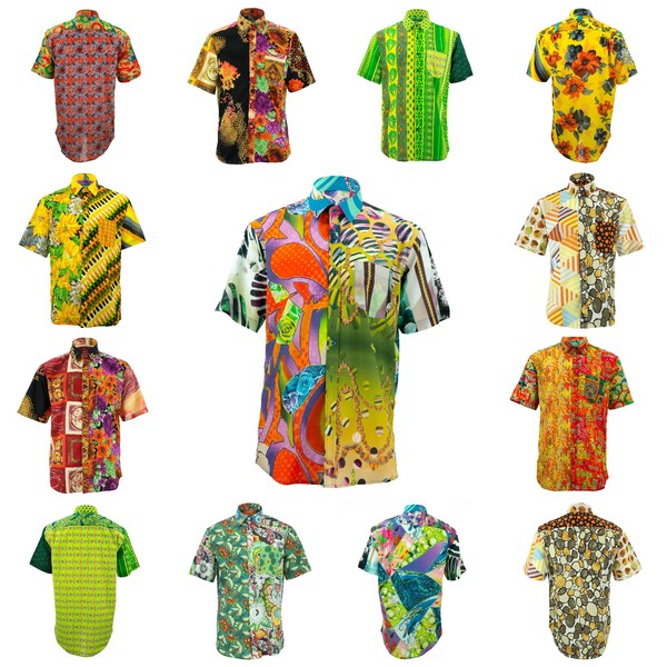 Loud Originals Random Mixed Panel Regular Fit Short Sleeve Cotton Men's Shirt Colourful Pattern Funky Bright Floral Retro Abstract Print