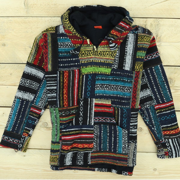 Nepalese made Baja PATCHWORK Brushed Cotton Hoodie Jumper Jerga Hoody Hooded Hippy Jacket Pullover Toggle Hood Unisex Patch