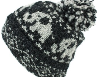 Hand Knitted Charcoal Pattern Elephant Wool Beanie Bobble Hat Fleece Lined Men Ladies Warm Knit Woolly Winter Lining