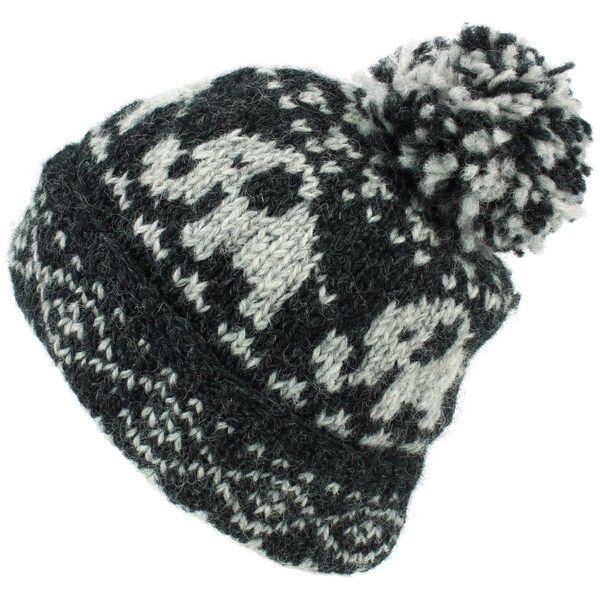 Hand Knitted Charcoal Pattern Elephant Wool Beanie Bobble Hat Fleece Lined Men Ladies Warm Knit Woolly Winter Lining