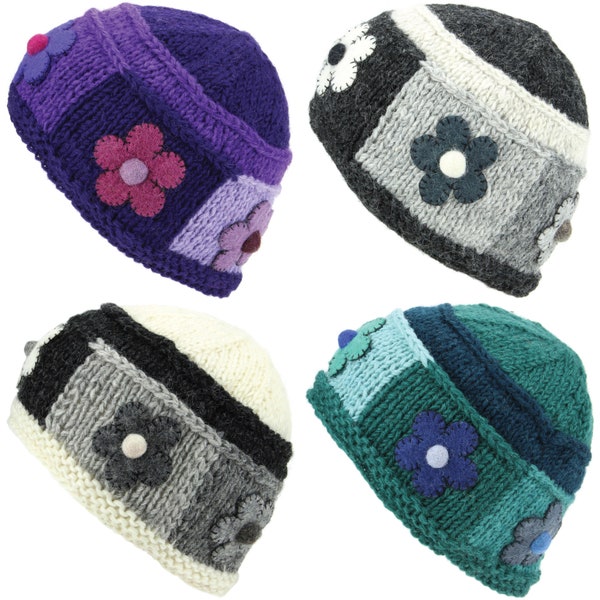 Hand Knitted Ladies Wool Knit Beanie Hat with Flower Felt Applique Patch Design Fleece Lined Warm Woolly Winter Lining Grey Green Purple