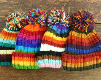 Hand Knitted Beanie Bobble Hat Fleece Lined Men Ladies Warm Winter Lining Bright Stripe Rainbow