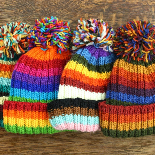 Hand Knitted Beanie Bobble Hat Fleece Lined Men Ladies Warm Winter Lining Bright Stripe Rainbow