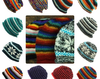 Hand Knitted Roll Brim Beanie Hat Warm Wool Knit Fleece Lined Bright Striped Red Green Purple Grey Black Rainbow Pattern Men Ladies