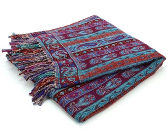 Soft Meditation Blanket Handloomed Floral Paisley Throw Light Yak Wool Shawl Wrap Tassel Scarf Reversible Fringed Boho Travel Festival Rug