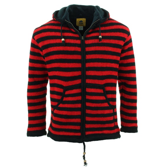 Hand Knitted Wool Jacket Cardigan Hoodie Stripe Red Black Nepal