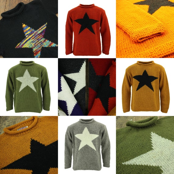 Hand Knitted Wool Star Jumper Loose Chunky Knit 100% Wool Rolled