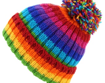 Hand Knitted Wool Ribbed Stripe Bright Rainbow Beanie Bobble Hat Lined Warm Woolly Winter Men Ladies Fleece Lining