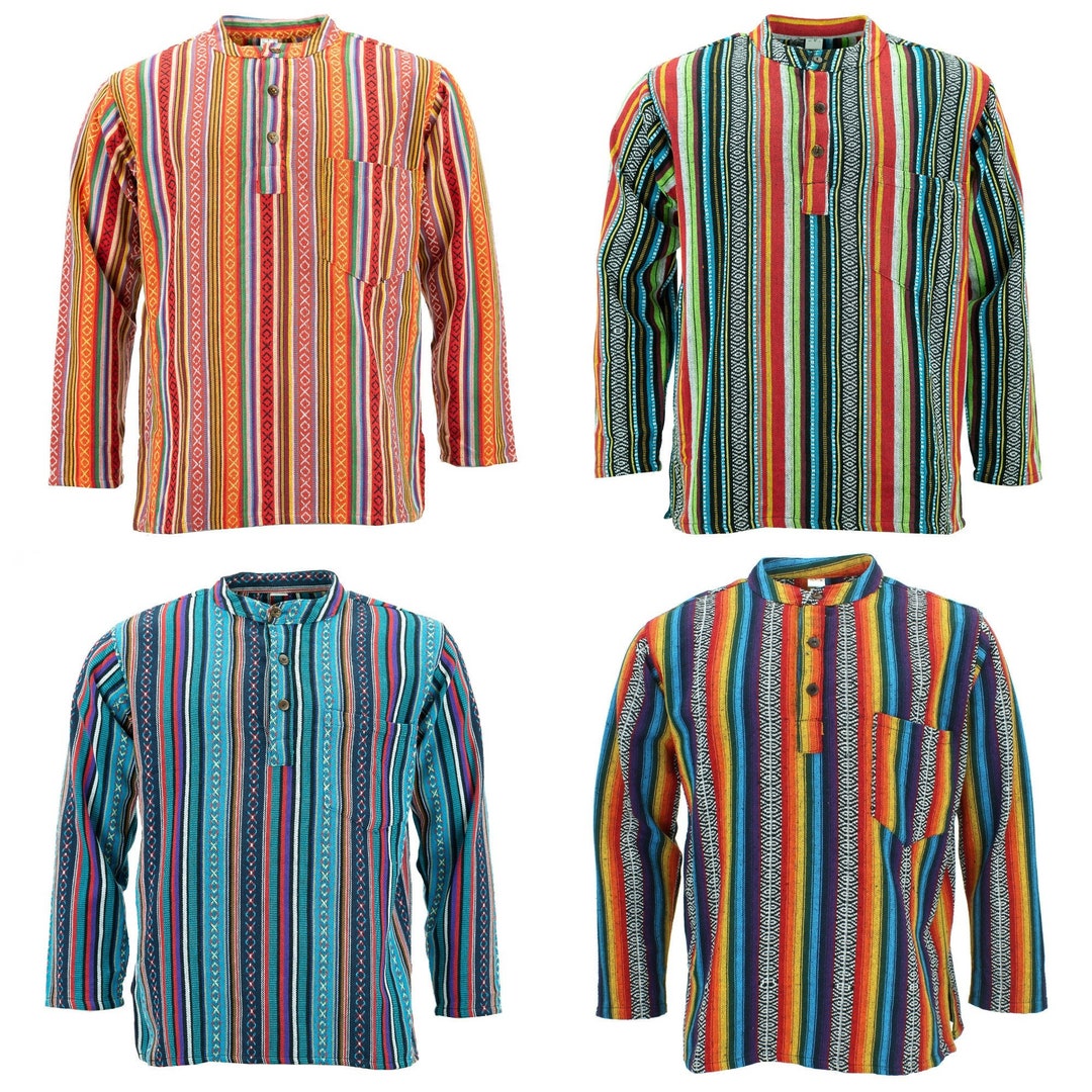 Men's Hippie Cotton Grandad Festival Shirt - Stonewashed Striped Hooded Boho Shirt For Summer & Music Festivals