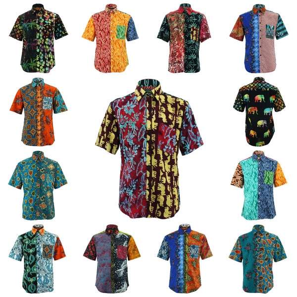 Loud Originals Random Mixed Batik Panel Regular Fit Short Sleeve Men's Shirt Colourful Print Funky Bright Pattern Floral Paisley Beach Palm