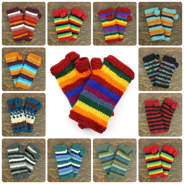 Hand Knitted Warm Wool Fleece Lined Handwarmers Bright Striped Wrist Arm Warmers Fingerless Gloves Chunky Knit Rainbow Mittens Unisex
