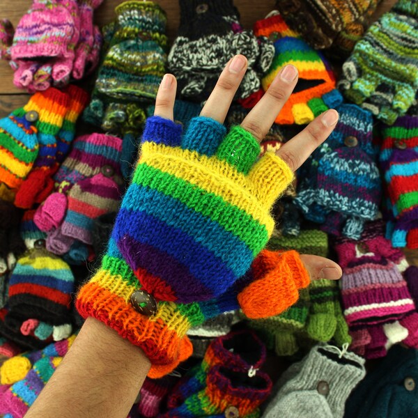 Manoplas tejidas de lana gruesa hechas a mano, guantes forrados de lana, manoplas sin dedos, manoplas Unisex de Nepal, calentadores de manos Hippie sin dedos bohemios, lisos