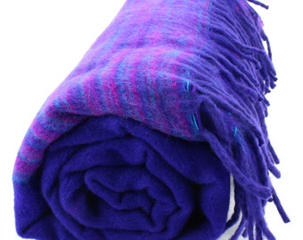 Tibetan Wool Blend Deep Purple Pink Blue Soft Shawl Wrap Scarf Reversible Fringe Throw Light Meditation Blanket Travel Festival Camping Rug