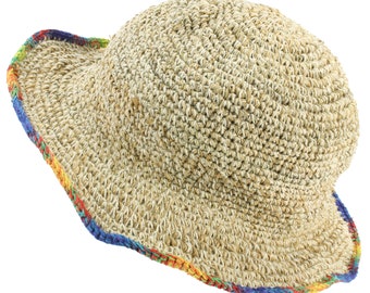 Hemp & Cotton Eco Friendly Rainbow Edge Sun Hat Natural Breathable Handmade Wire Rim Crochet Boho Hippie Summer Beach Festival