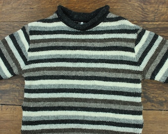 Handmade Wool Jumper Stripe Grey Knitted Loose Chunky 100% Wool Knit Rolled Crew Neck Sweater Roll Men Women Unisex