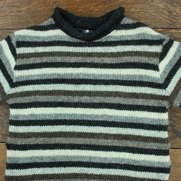 Handmade Wool Jumper Stripe Grey Knitted Loose Chunky 100% Wool Knit Rolled Crew Neck Sweater Roll Men Women Unisex