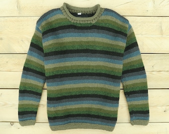 Handmade Chunky Wool Knit Stripe Green Blue Teal Jumper Knitted Loose 100% Wool Rolled Crew Neck Sweater Roll Men Women