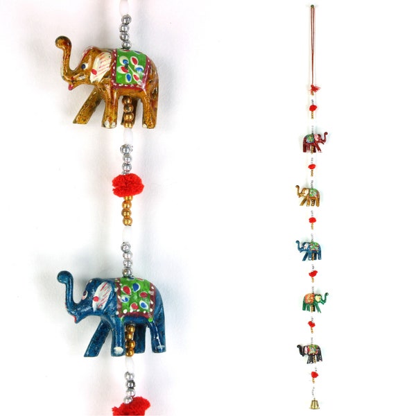 Handmade Indian Rajasthani Strings Ceramic Elephant Hanging Decorations Beaded Garland Mobile Prosperity Ethnic Boho Door Wall Home Decor