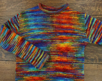 Handmade Wool Jumper Space Dye Rainbow Knitted Loose Chunky 100% Wool Knit Rolled Crew Neck Sweater Roll