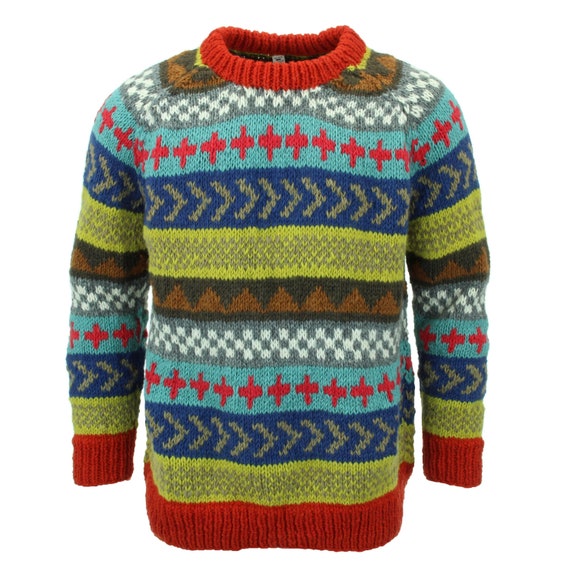 Handmade Chevron Orange Green Pattern Knitted Wool Jumper Raglan
