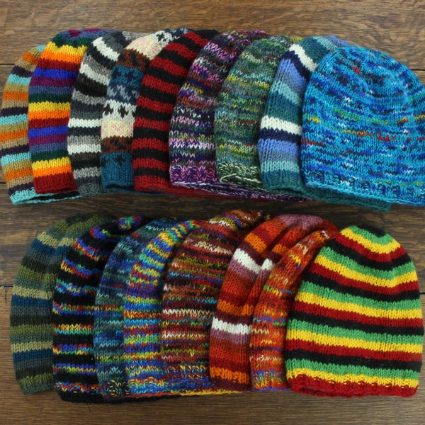 Hand Knitted Baggy Beanie Slouch Hat Fleece Lined Wool Bright Rainbow Space Dye Mix Striped Pattern Men Ladies Warm Winter Red Blue Green