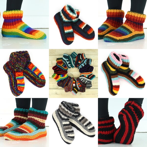 Hand Knitted Wool Slipper Socks Fleece Lined Colourful Chunky Knit Bright Striped Rainbow Space Dye Pattern Thick Soft Warm Lounge Bed Socks