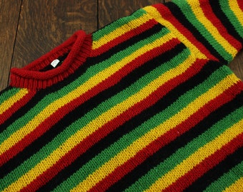 Handmade Chunky Wool Knit Rasta Stripe Jumper Knitted Loose 100% Wool Rolled Crew Neck Sweater Roll Men Women