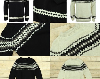 Handmade Cream Black Fairisle Wool Jumper Knitted Raglan Sleeve Loose Chunky Warm 100% Wool Knit Pullover Rolled Crew Neck Sweater