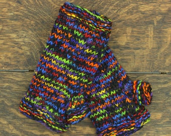 Hand Knitted Warm Wool Fleece Lined Handwarmers Bright Rainbow Space Dye Wrist Arm Warmers Fingerless Gloves Chunky Knit Mittens Women Men