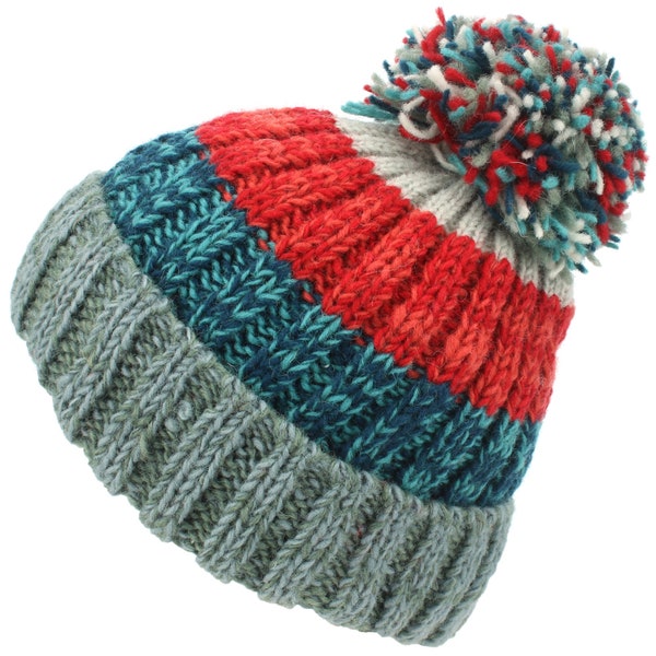 Hand Knitted Wool Ribbed Red Blue Grey Teal Beanie Bobble Hat Lined Warm Woolly Winter Men Ladies Fleece Lining