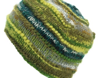 Hand Knitted Warm Wool Ribbed Beanie Hat Chunky Knit Fleece Lined Bright Striped Space Dye Pattern Men Ladies Winter Lining - 17 Green