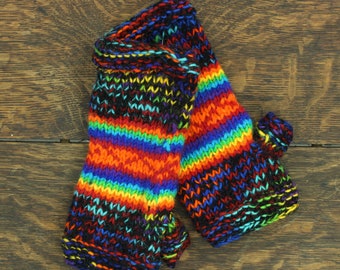 Hand Knitted Warm Wool Fleece Lined Handwarmers Bright Rainbow Space Dye Wrist Arm Warmers Fingerless Gloves Chunky Knit Mittens Women Men