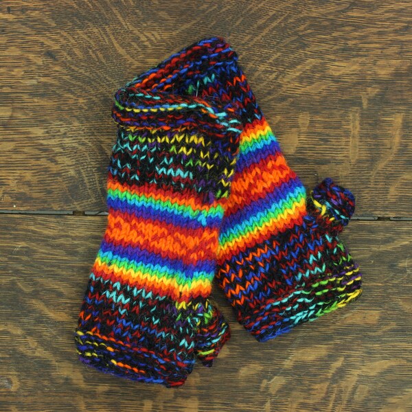 Hand Knitted Warm Wool Fleece Lined Handwarmers Bright Rainbow Space Dye Wrist Arm Warmers Fingerless Gloves Chunky Knit Mittens Women Men