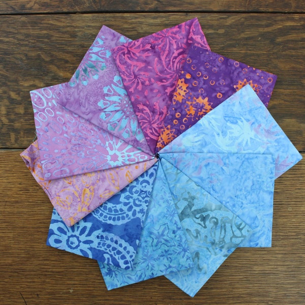 10 Piece Lilac Blue Purple Cotton Batik Fat Quarter 19" x 20" Pre Cut Fabric Bundle Quilting Patchwork Sewing Assorted Craft