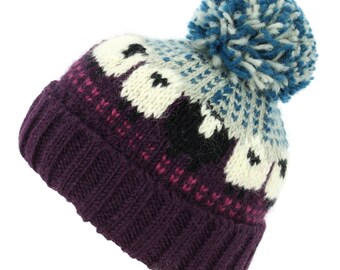 Hand Knitted Dark Pink Plum Teal Sheep Wool Beanie Bobble Hat Fleece Lined Men Ladies Warm Knit Woolly Winter Lining Ribbed Brim