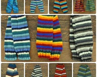 Pair of Hand Knitted Leg Warmers Wool Knit Handmade Bright Colourful Warm Legwarmers Striped Rainbow Space Dye Pattern Slouch Dance Socks